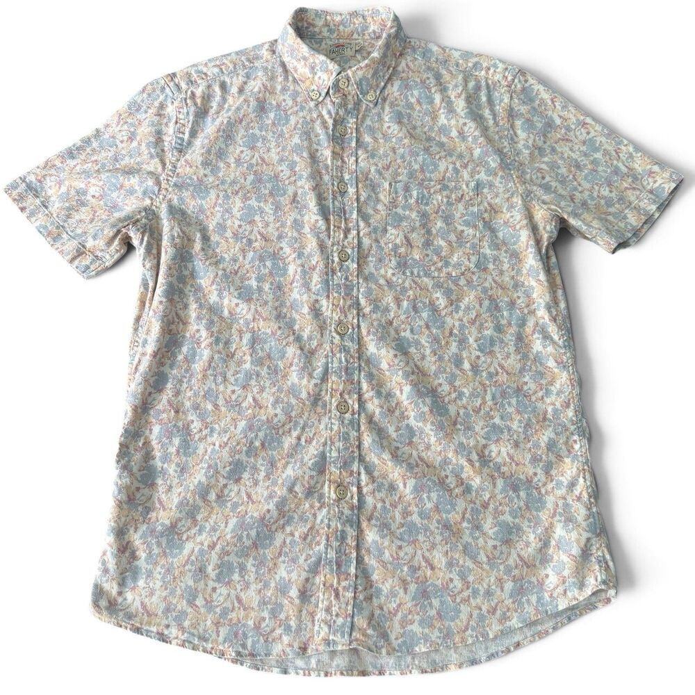 Faherty Hemp Shirt Men M Floral White Multicolor Tropical Flower Classic Stretch